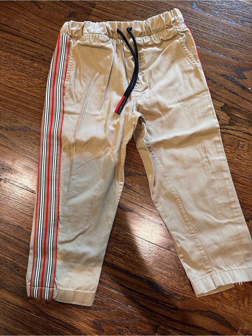 Burberry Toddler Beige Jogger Pants with Red & Black Side Stripes